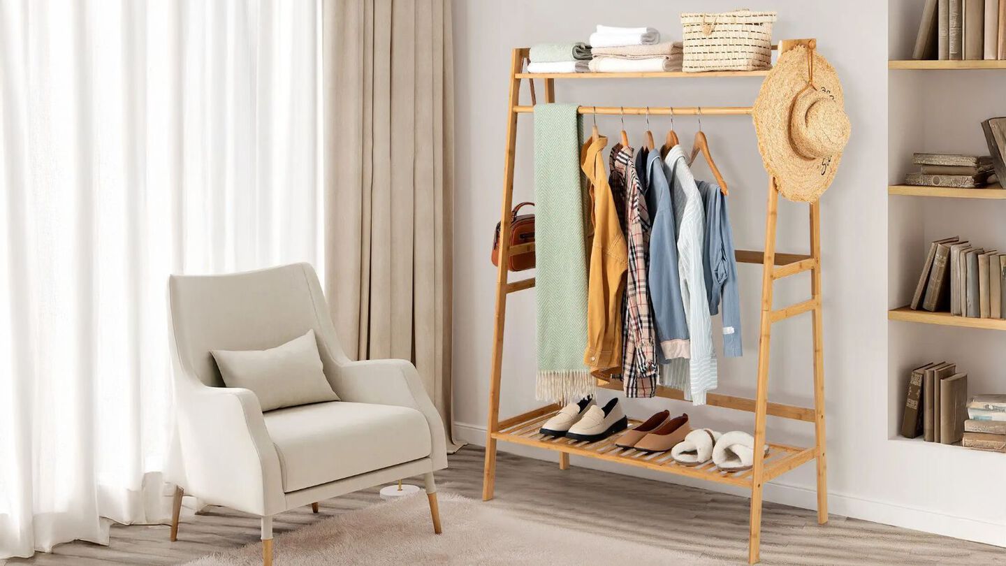 Hivvago Bamboo Clothing Rack with Storage Shelves