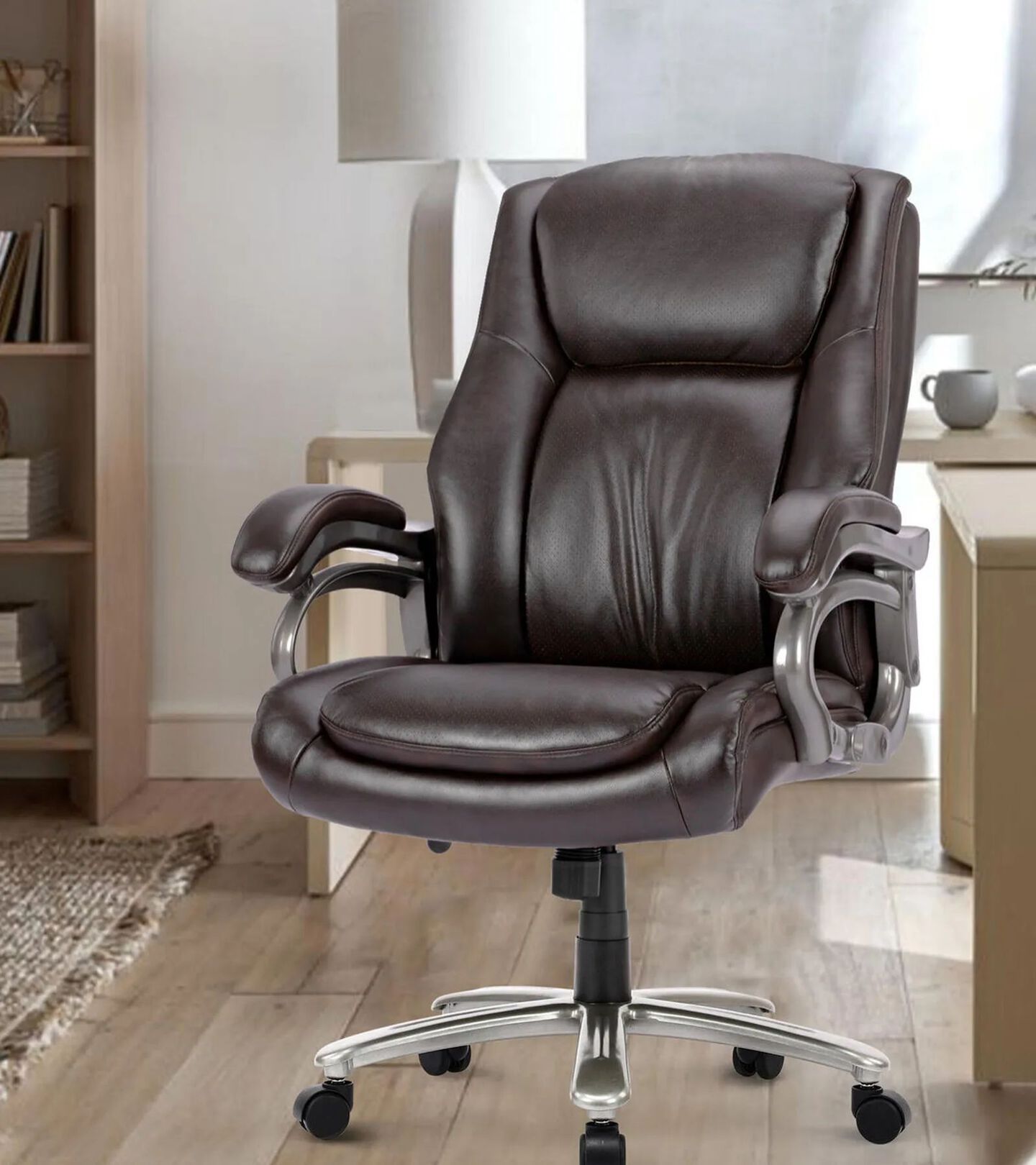 office with a dark brown leather office chair