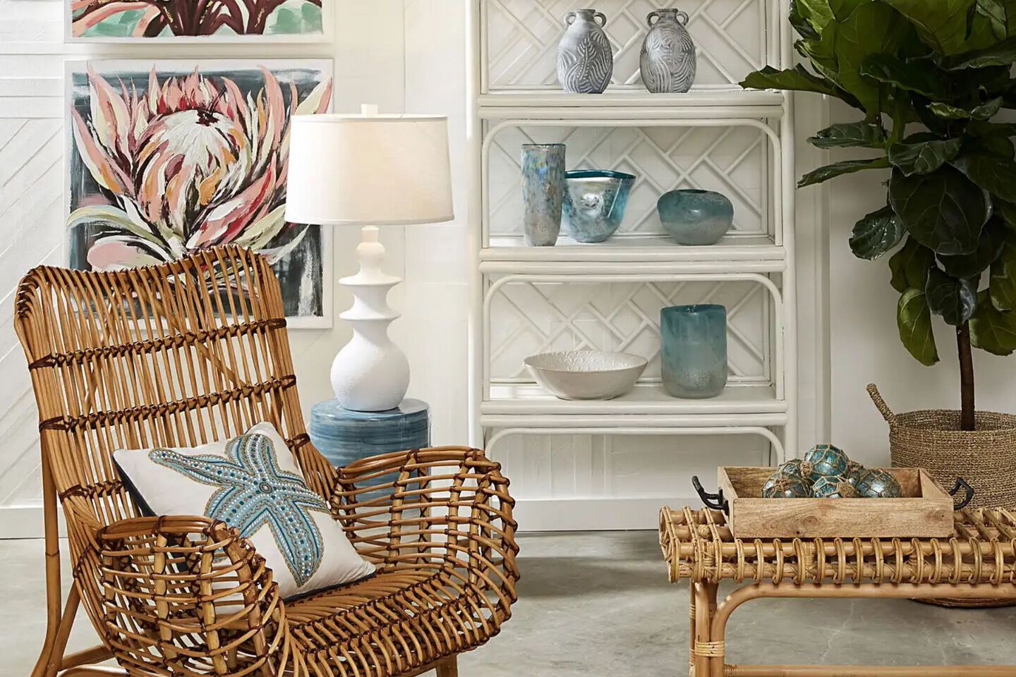 Living room with wooden chair, coffee table, and white bookshelf