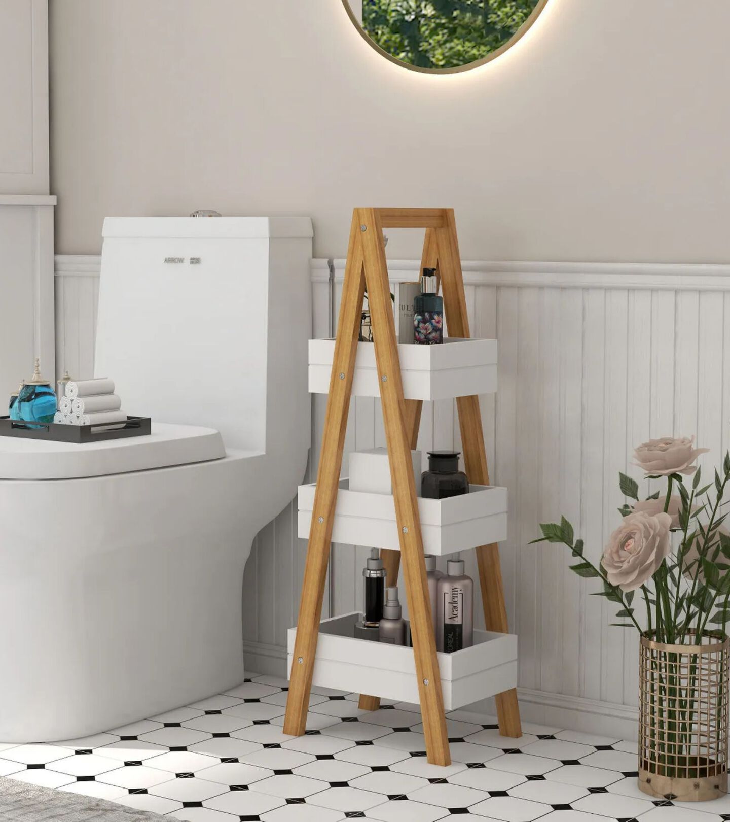 bathroom setting toilet, tiled floor, and a bamboo storage rack with white baskets