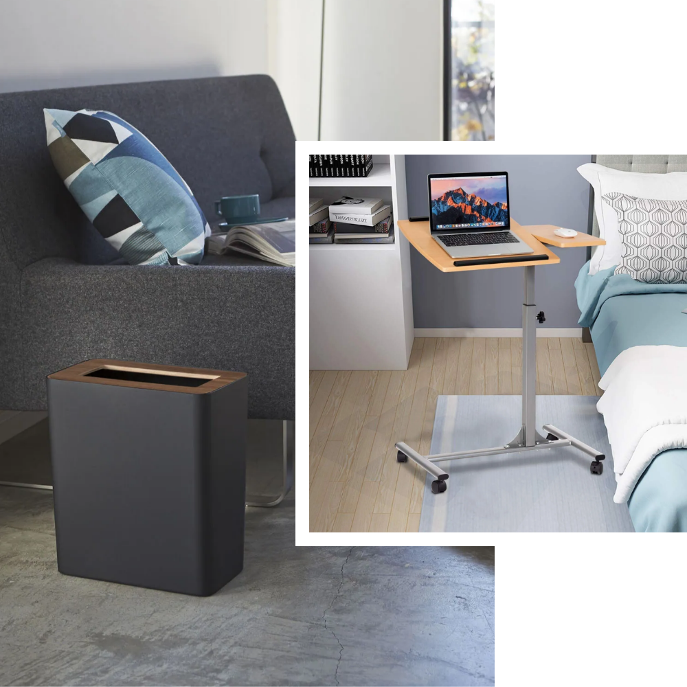Two images, one of a living room with a black trash can, and the other with a laptop standing sitting next to a bed