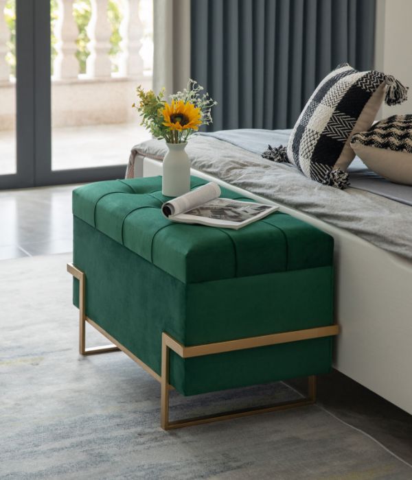 Rectangle Velvet Storage Ottoman Stool Box with Abstract Golden Legs | Decorative Sitting Bench for Living Room Home Decor with Unique Base Support (Green Large)
