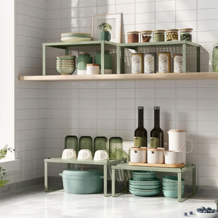 Set of 2 Stackable and Expandable Metal Cabinet Shelf Organizers for Kitchen Counter