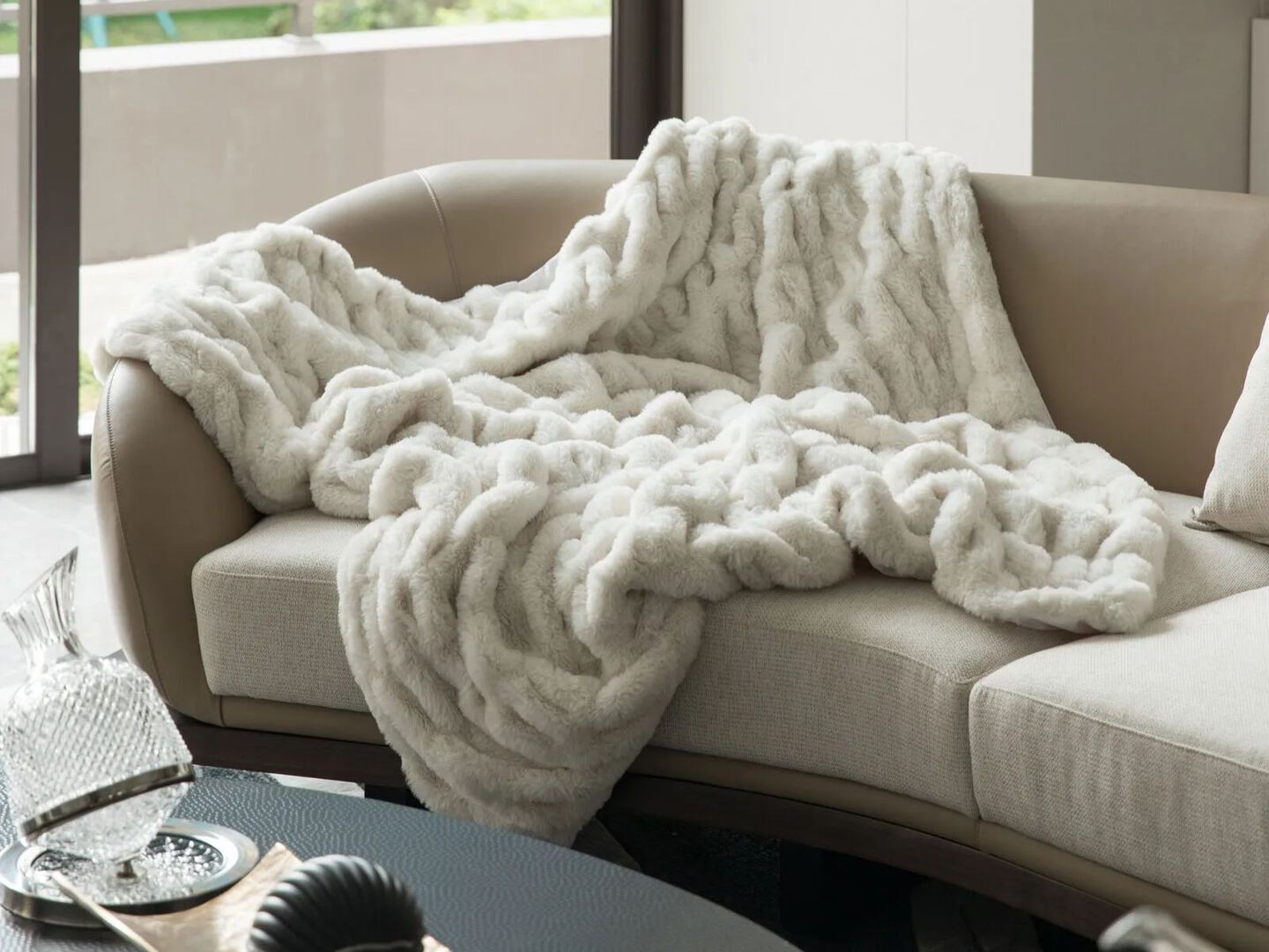 Rached Faux Fur Cozy Throw Blanket in White by DEERLUX