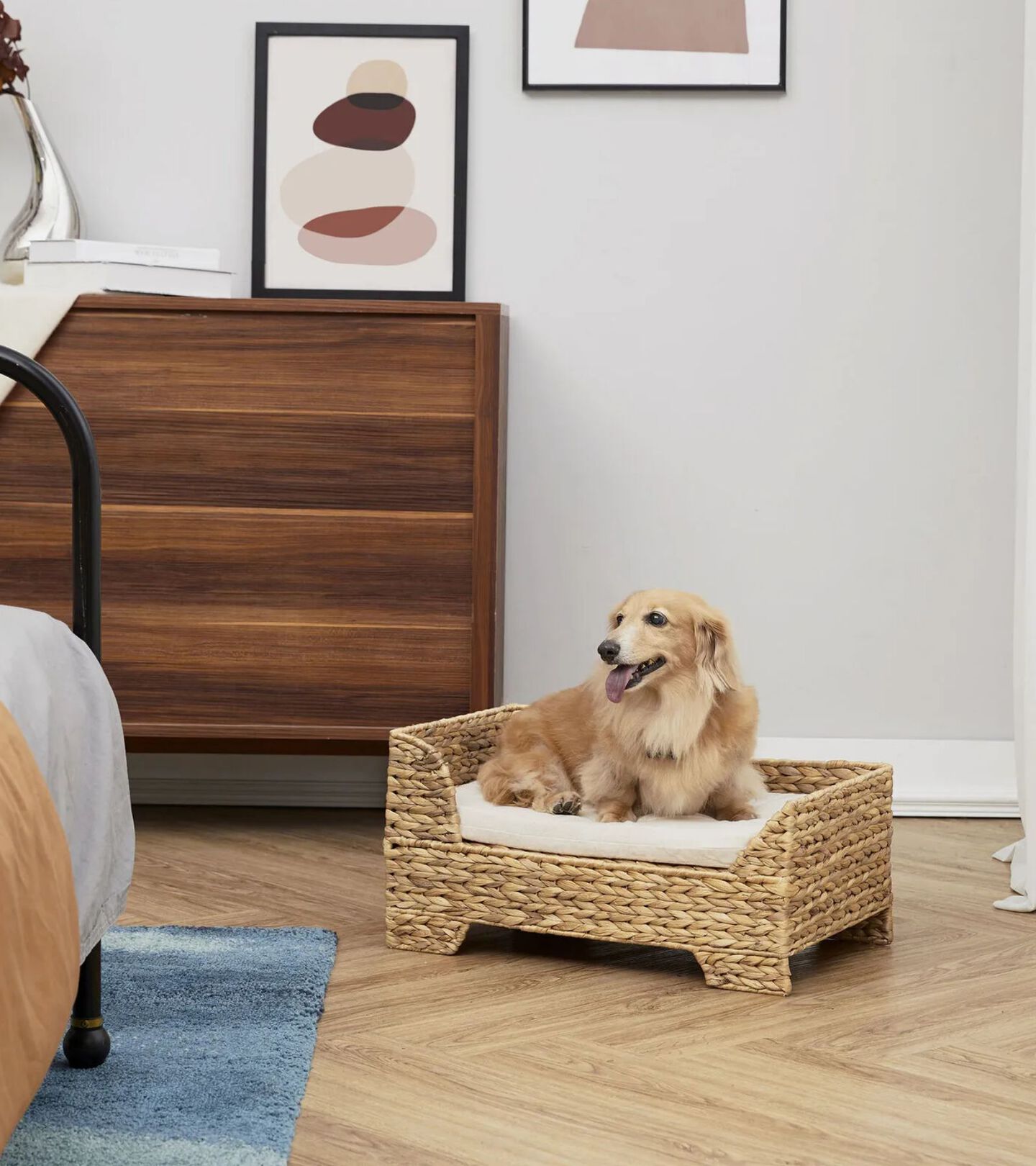 jute dog bed with small dog sitting inside