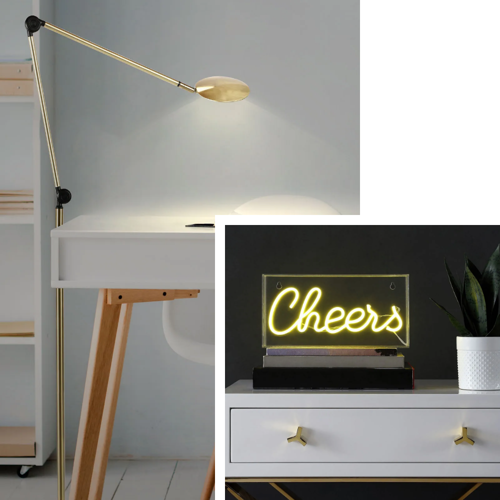 Two images, one of a gold lamp atop a white desk, and the second of a neon yellow table light that reads "cheers"