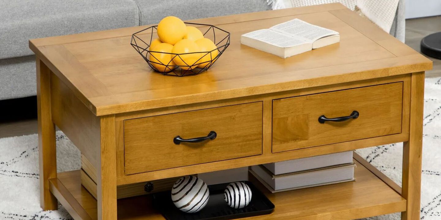 Closeup of wooden coffee table with black detailing