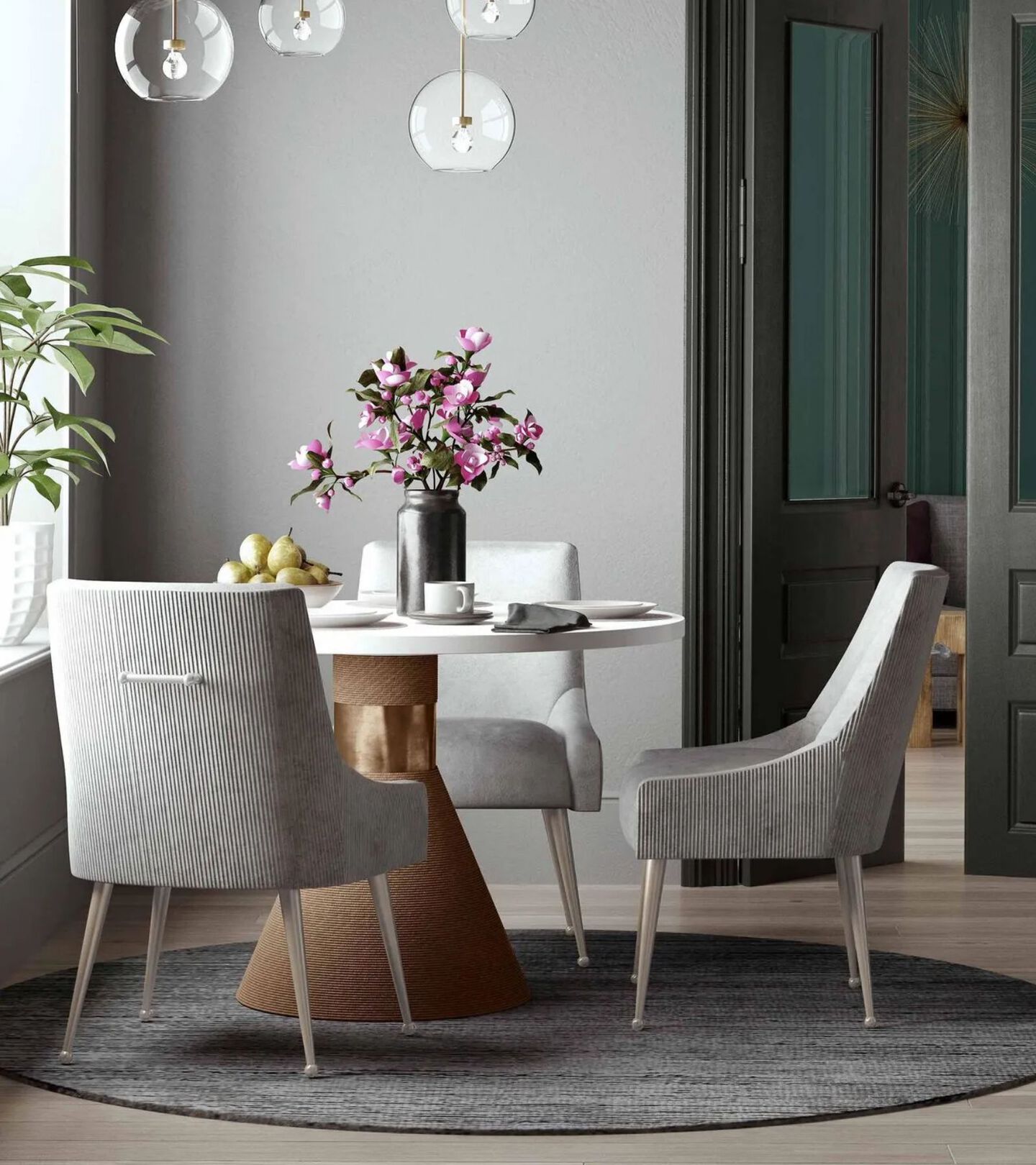 dining room setting with light grey chairs and a brown and white table