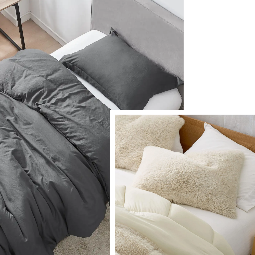One image of a twin XL bed in a dorm room with a dark grey comforter and another image of a white furry pillow