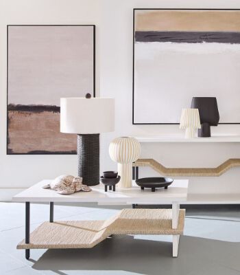 Elk Home natural theme home decor with wall arts, table lamps, tabletop accessories, and accent table