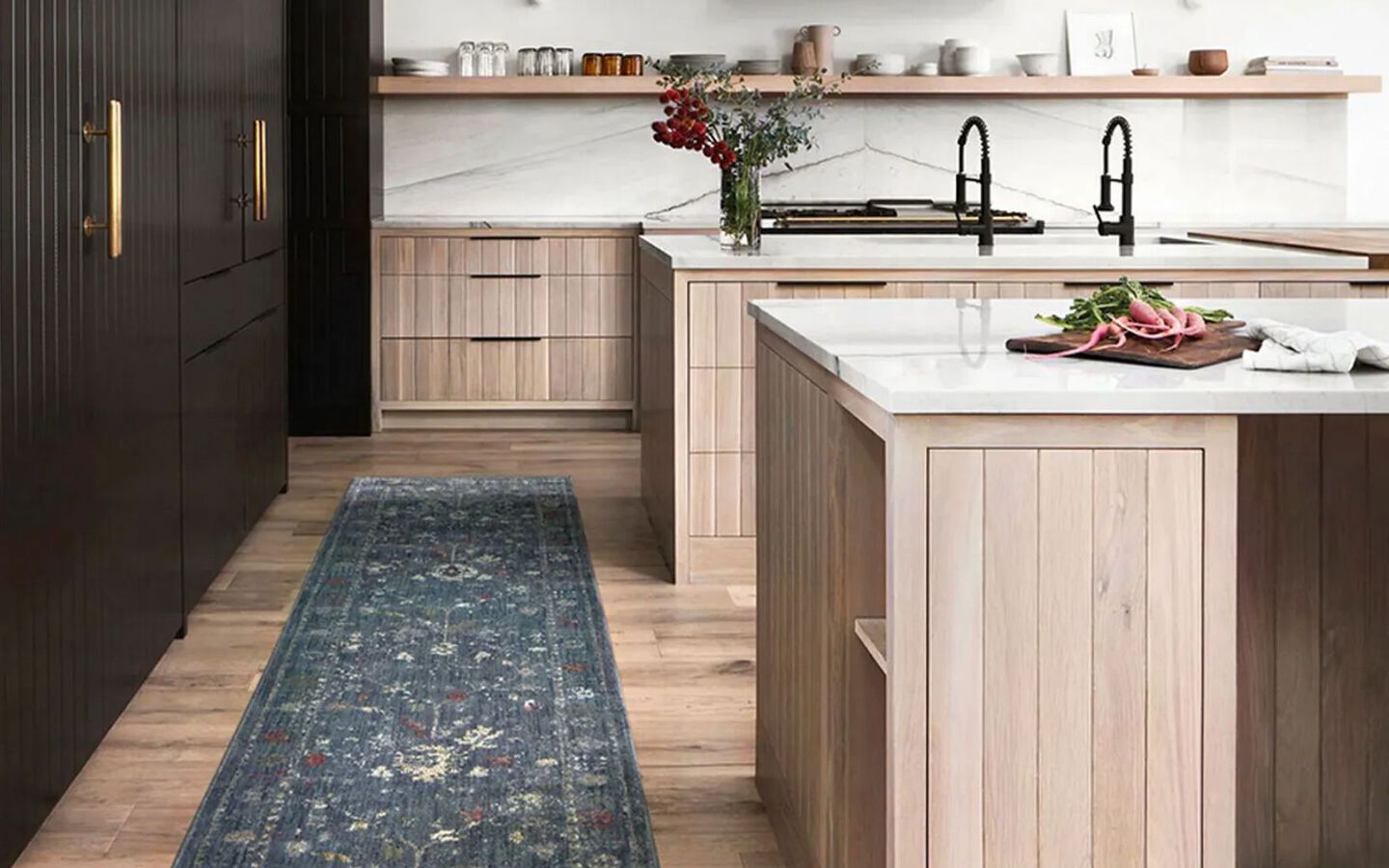 kitchen with a dark blue runner rug