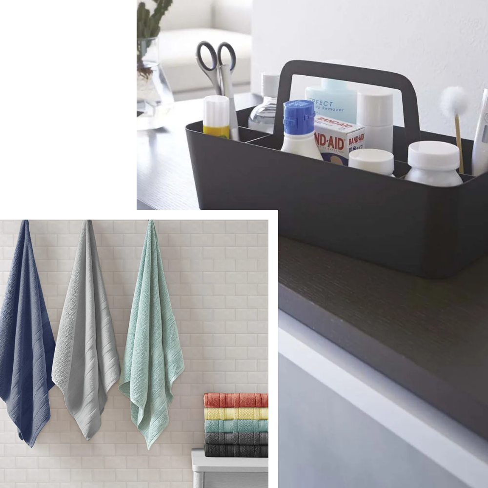 Two images, one with a black storage caddy filled with supplies and the other of three blue and grey hanging bath towels