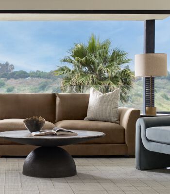 Jonathan Louis Brown sofa with navy accent chair and round coffee table