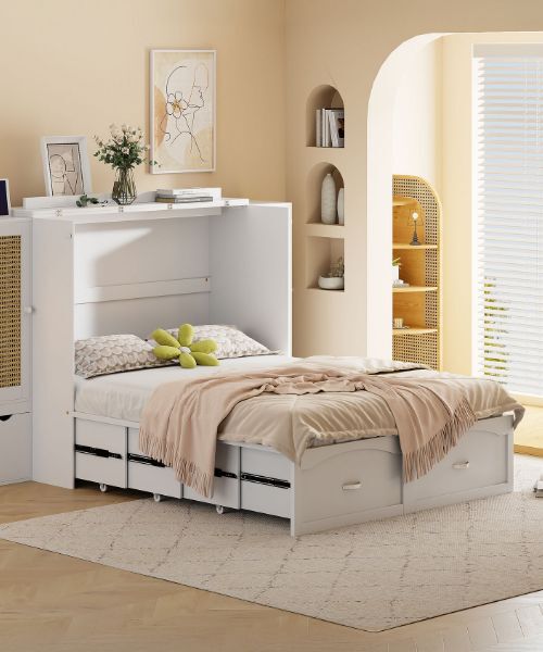 Merax Rattan Decoration Murphy Bed with Storage Cabinets