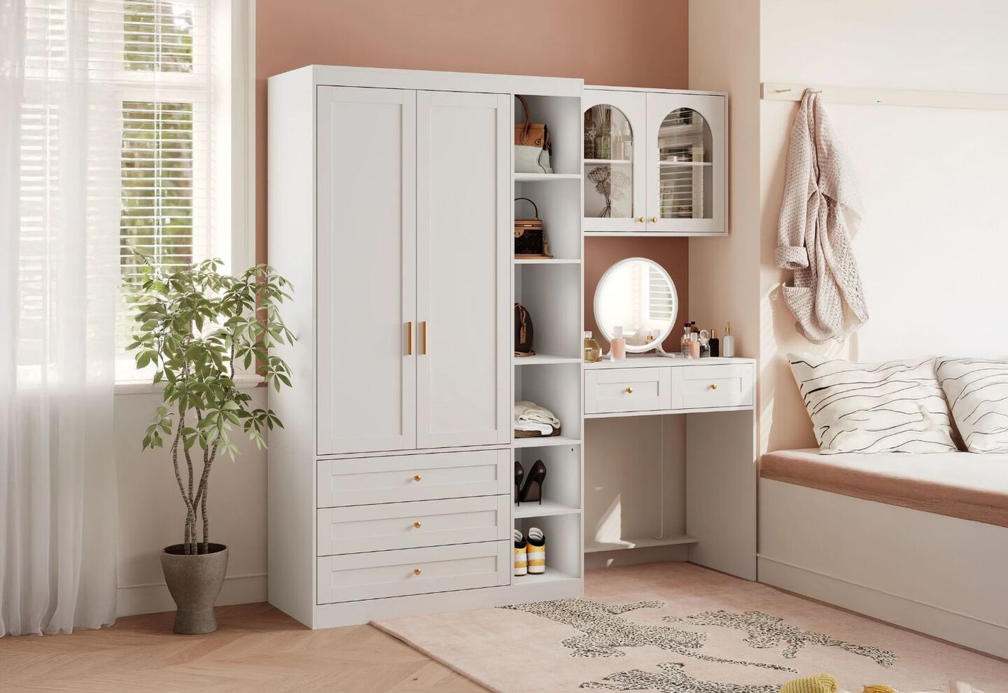 FUFU&GAGA Wardrobe and Vanity Combo with LED Mirror, Gold Handles, and Multiple Storage