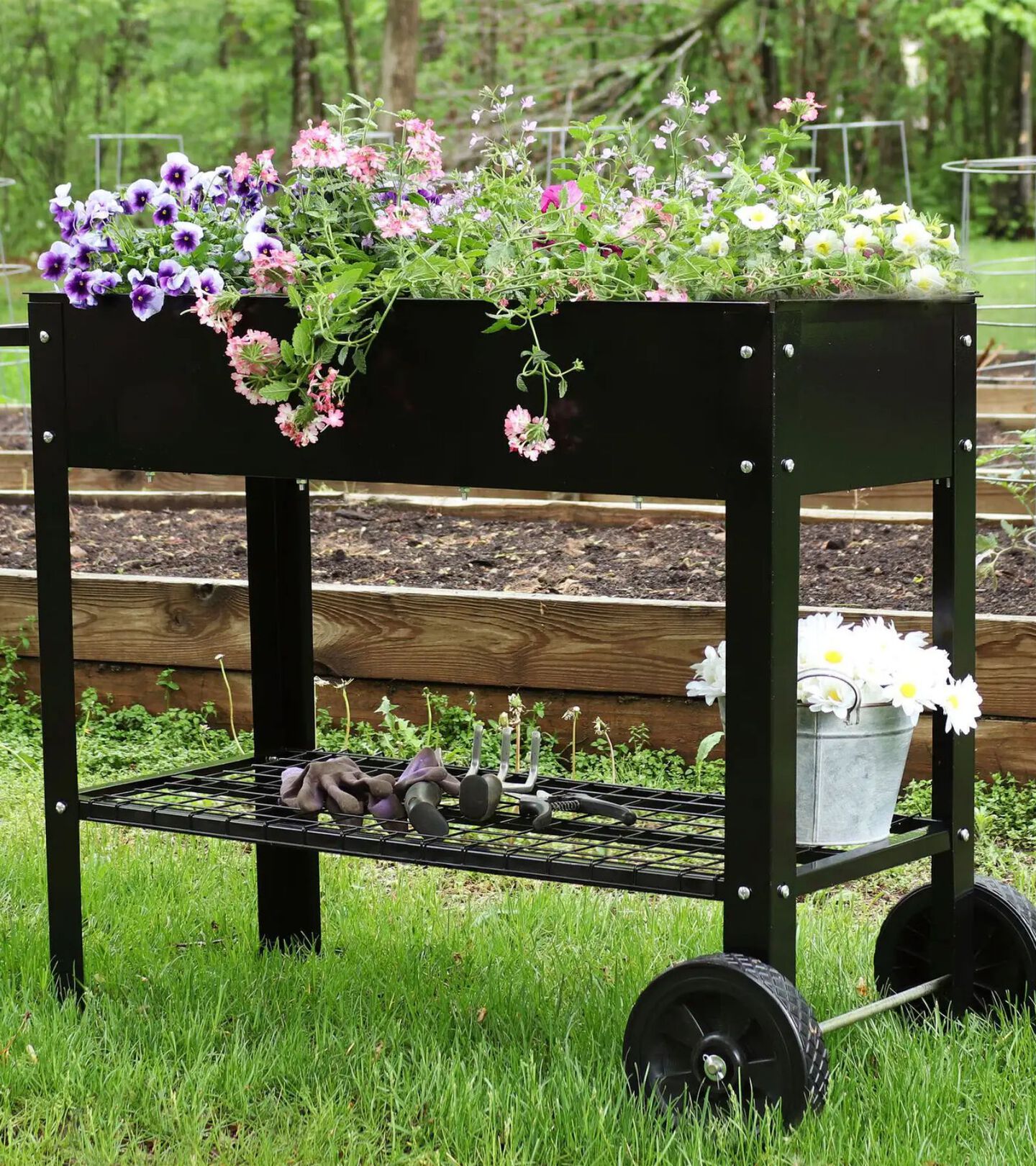 black metal garden cart filled with flowers