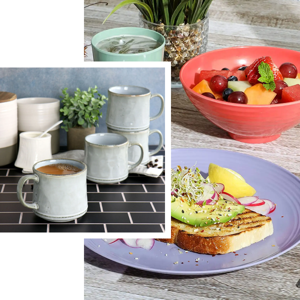 Two images, one of a purple plate, red bowl, and green glass filled with food and drink, and the second of a set of light grey coffee mugs