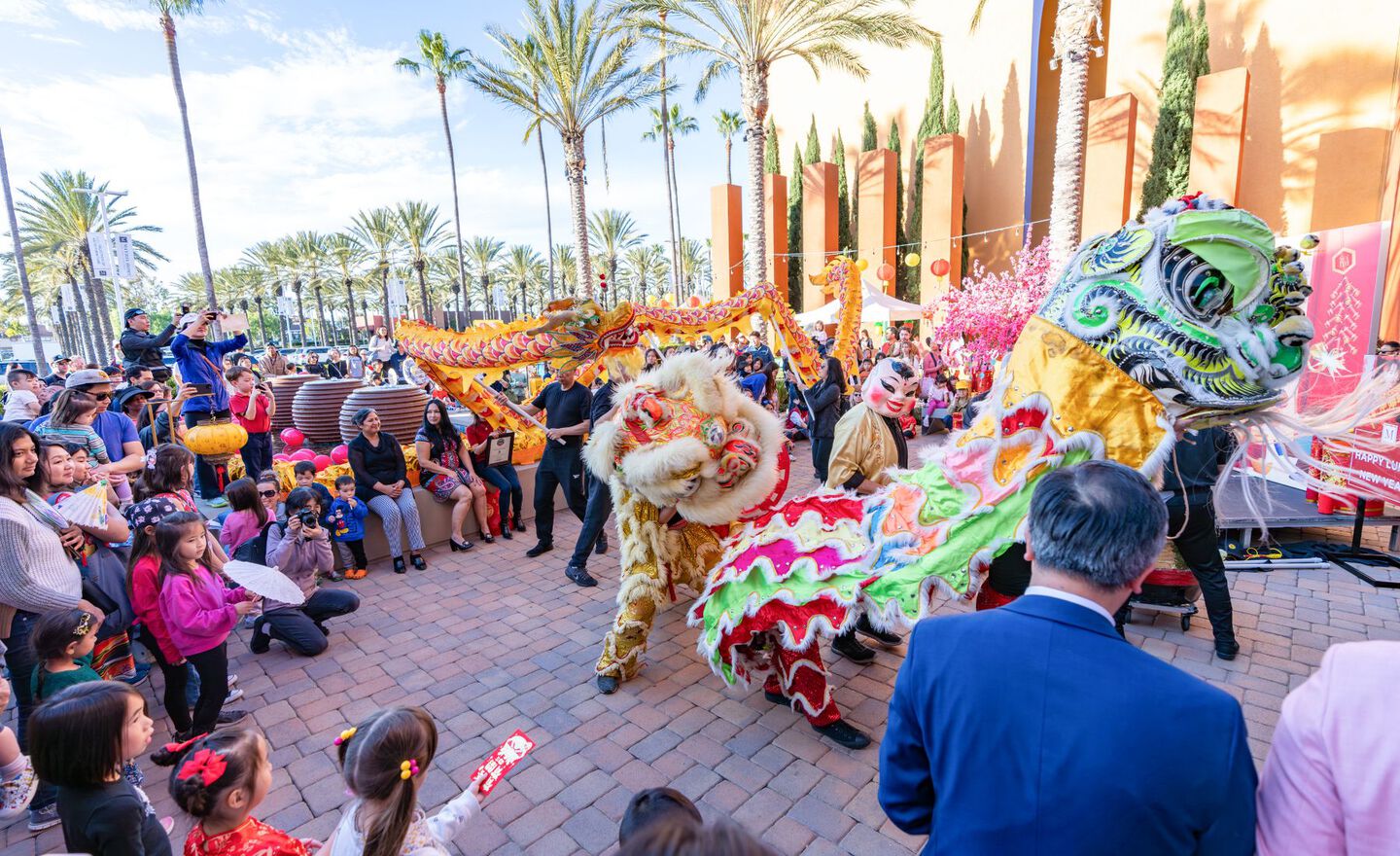 A group of people enjoying the Lunar New Year tradition of lion and dragon dances