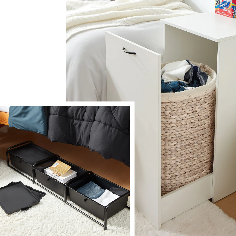 Two images, one of a black set of drawers under a bed and the other of a white cabinet with a laundry hamper inside