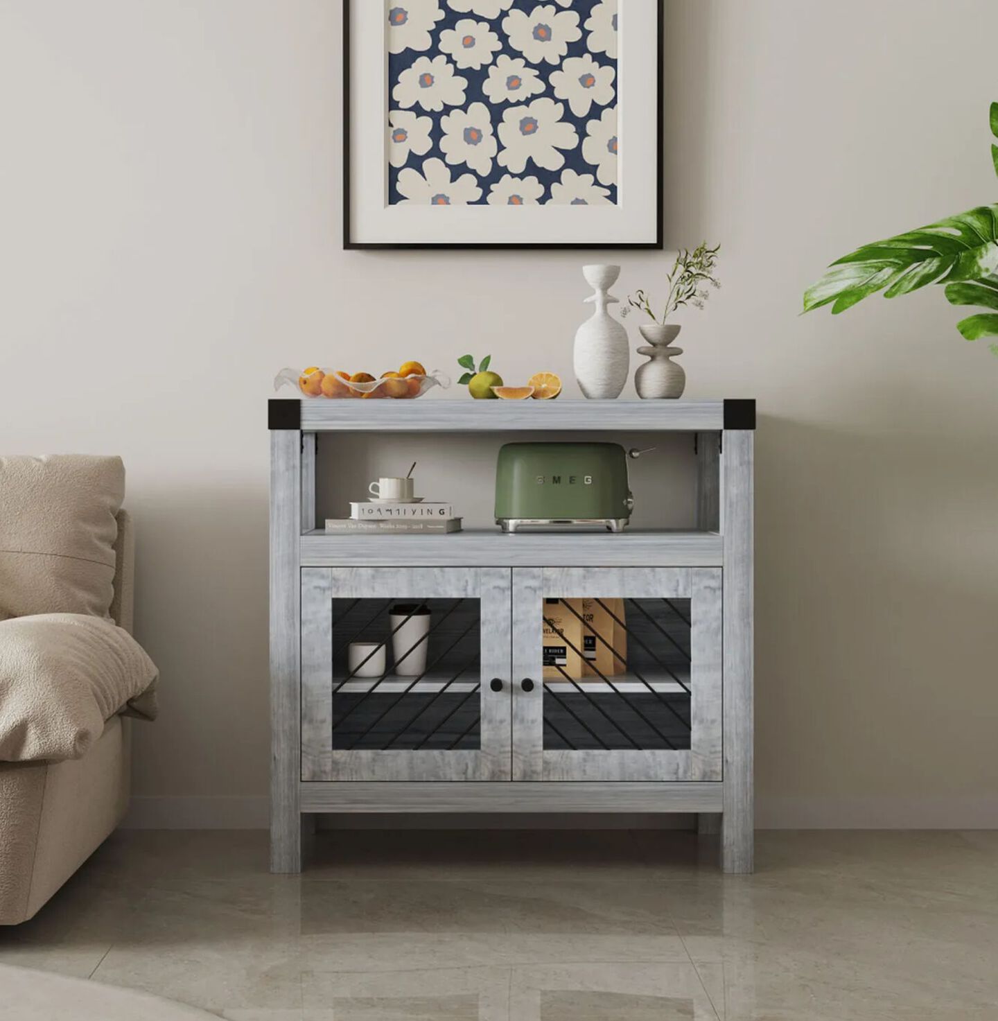 Light grey cabinet filled with small appliances and two white vases on top