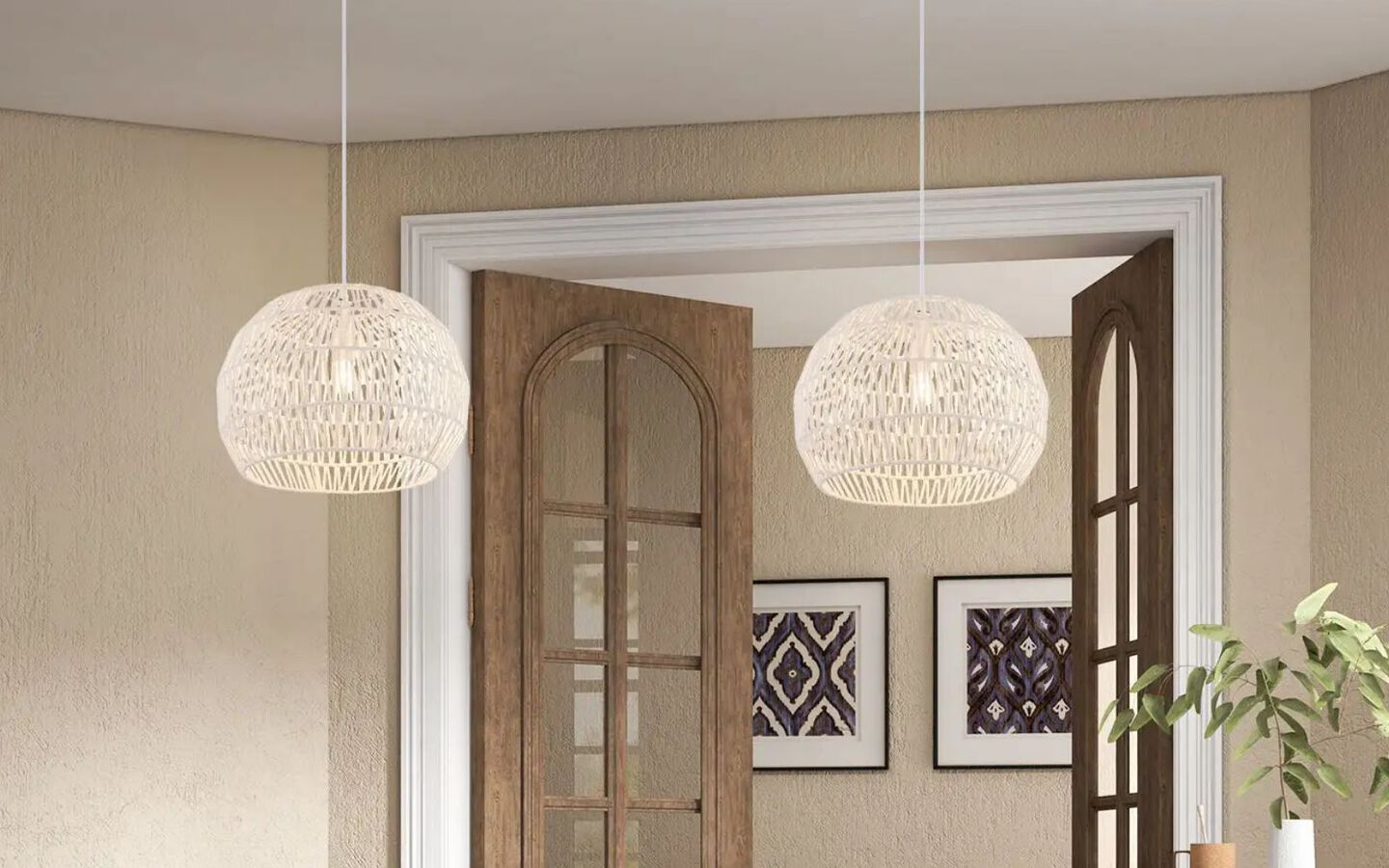 Hivvago Round Farmhouse Rattan Pendant Lights with Adjustable Hanging Rope-Beigea