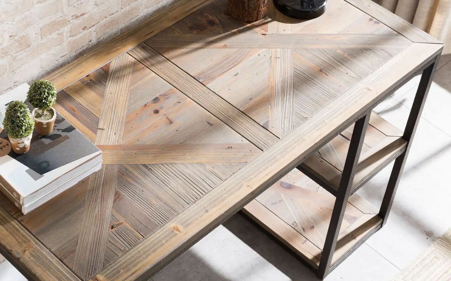 Aerial view of wooden table with black metal frame