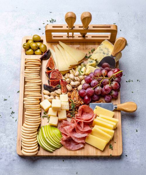 Bamboo Cheese Board and Knife Set - 14x11 inch Charcuterie Board with 4 Cheese Knives - Wood Serving Tray