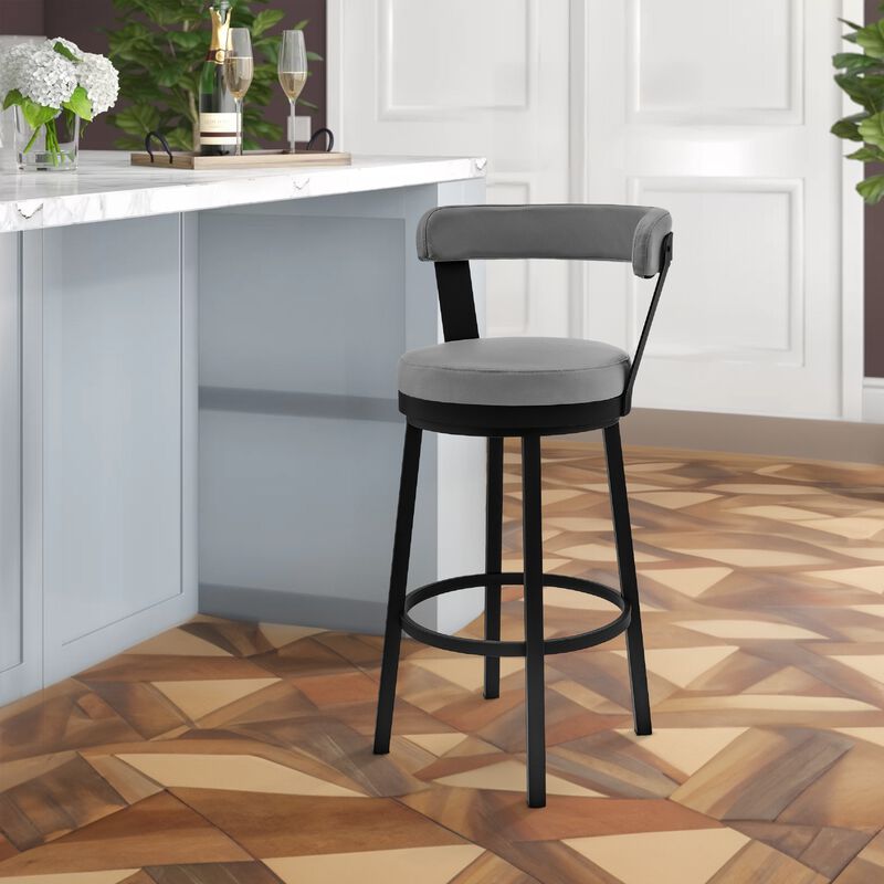 Swivel Counter Barstool with Curved Open Back and Metal Legs, Light Gray-Benzara