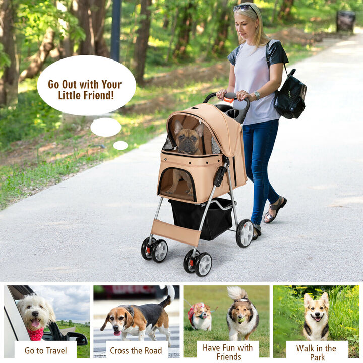 Costway Foldable Pet Stroller 4-Wheel Cat Dog Travel Carrier w/ Storage Basket