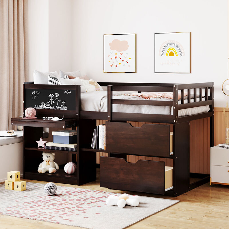 Merax Low Loft Bed with Rolling Desk and Drawers