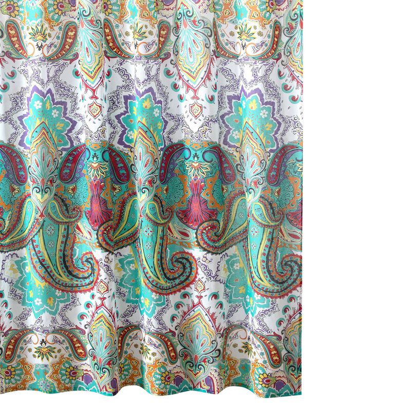 Vana 72 Inch Shower Curtain, Microfiber Fabric, Blue and Red Paisleys Print-Benzara