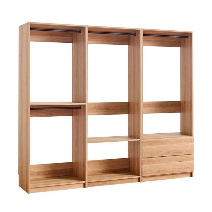 Dee Modular Closet System, 4 Clothing Racks, 2 Drawers, Oak Brown Wood - Benzara
