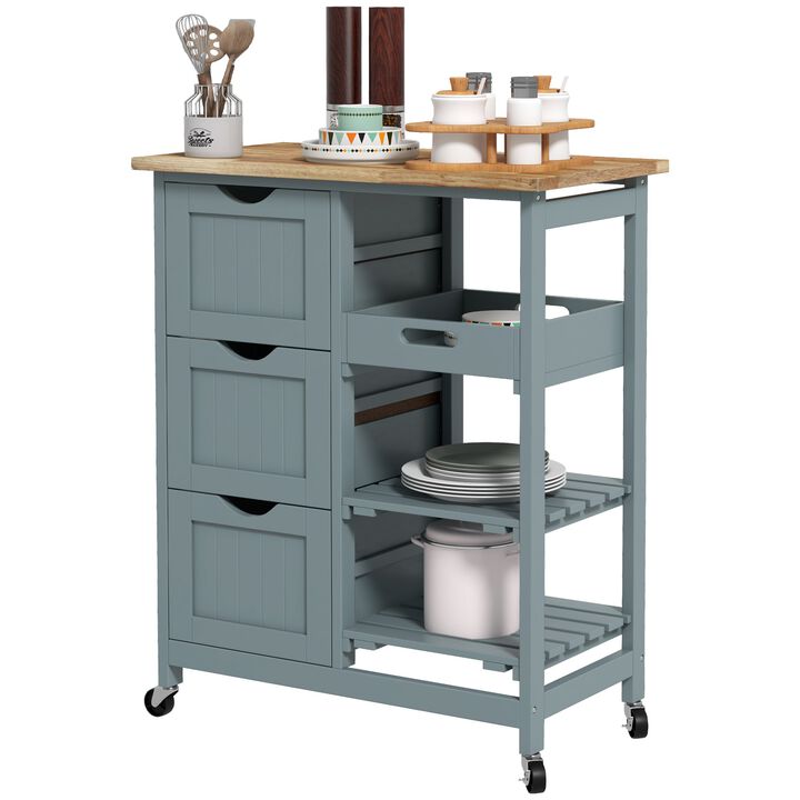 Gray Rolling Kitchen Cart: Wood Top, Shelves, Drawers