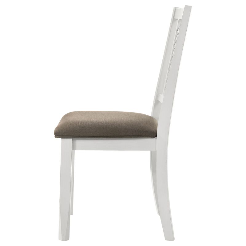 Tonie Dining Chair Set of 2, Dark Brown Fabric, Distressed White Wood - Benzara