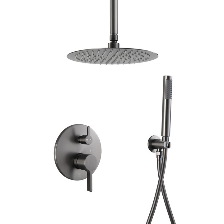 Mondawe Round 1-Spray Patterns Balance Valve Shower Faucets Set with 2.5 GPM Ceiling Mount Dual Shower Heads in Chrome