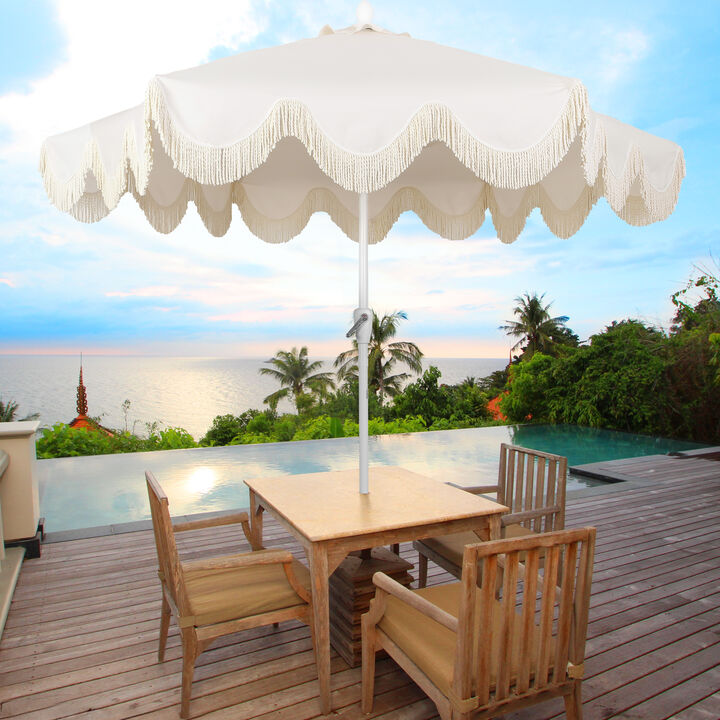 Collins Classic Cottage Tassel Market Patio Umbrella with Auto-Tilt, Crank, Wind Vent and UV Protection