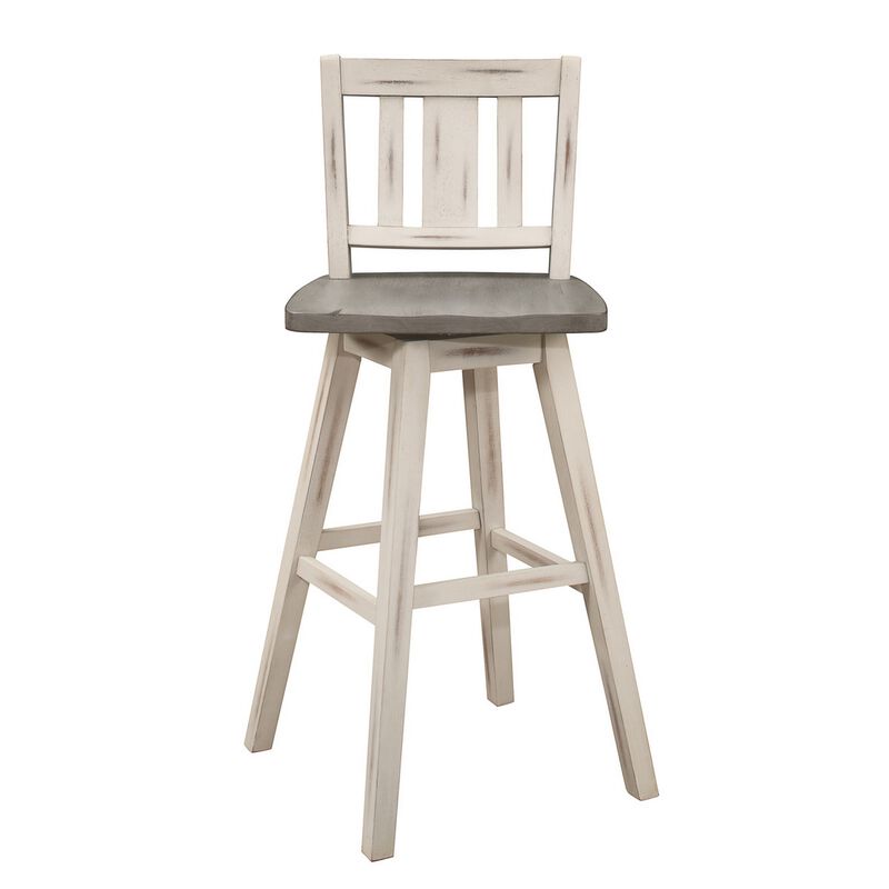 Ati 29 Inch Bar Height Stool Swivel Chairs Set of 2, Vertical Slat Back, Gray, White - Benzara