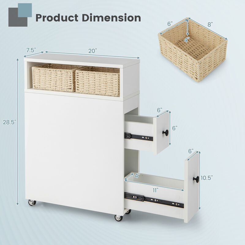 Costway Movable Bathroom Storage Cabinet Narrow Toilet Side Paper Holder w/ 2 Drawers
