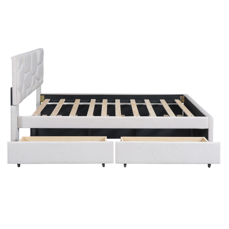 Merax Upholstered Platform Bed with Brick Pattern Headboard, with Twin XL Size Trundle and 2 drawers, Linen Fabric