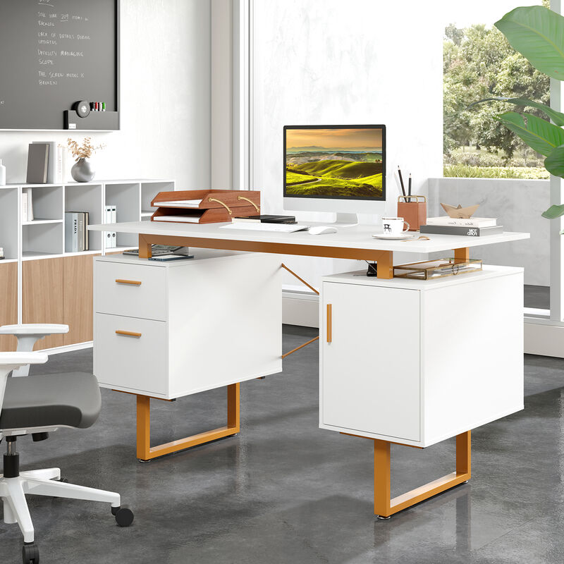 Computer Desk with Floating Desktop Design and Dual Storage Drawers