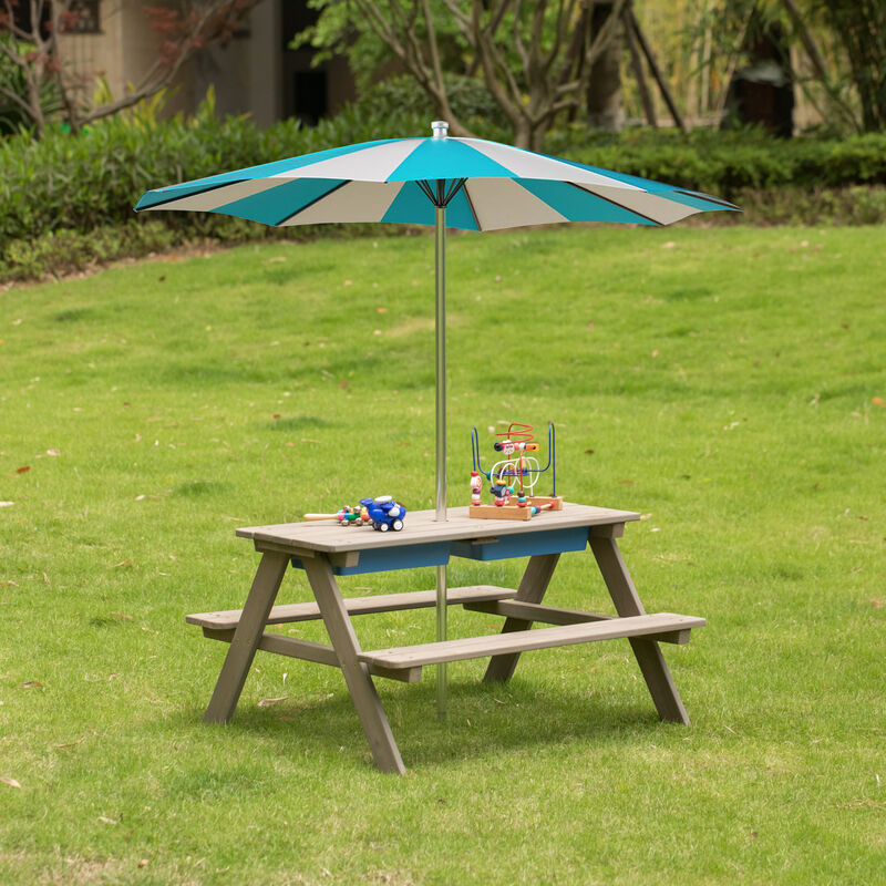 Kids Picnic Play Table, Sandbox Table with Umbrella Hole and 2 Play Boxes with Removable Top, Gray