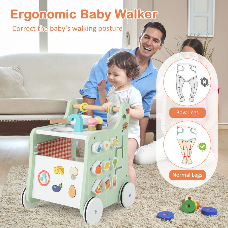 6-in-1 Wooden Baby Stroller with Play Kitchen for Kids Over 12 Months