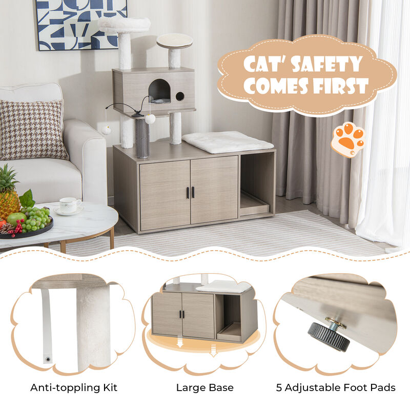 2-in-1 Modern Cat Tower with Litter Box Enclosure for Indoor Cars-Gray