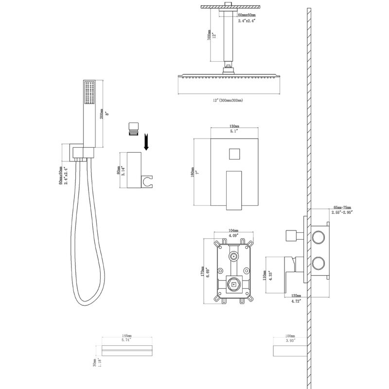 12" Rain Shower Head Systems With Waterfall Tub Spout, Brushed Nickel, Ceiling Mounted Shower