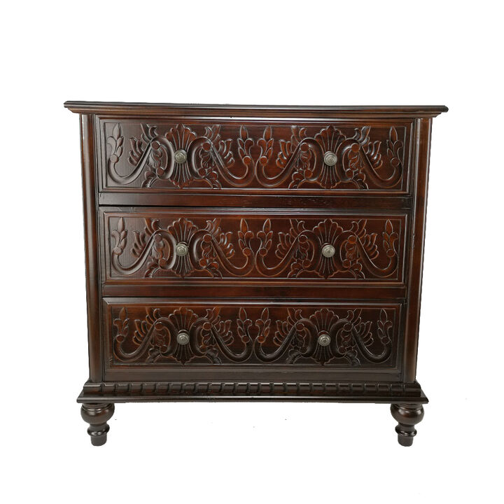 32 Inch Classic Wood Dresser Chest, 3 Drawers, Floral Carving, Brass, Brown - Benzara