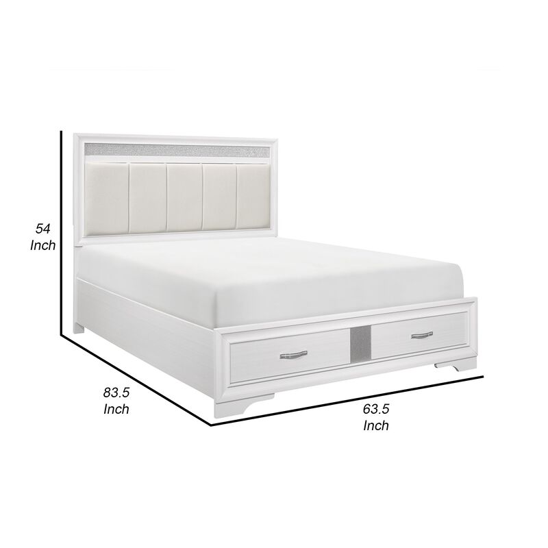 Ani Queen Platform Bed, Tufted Headboard, 2 Drawer Low Footboard, White - Benzara