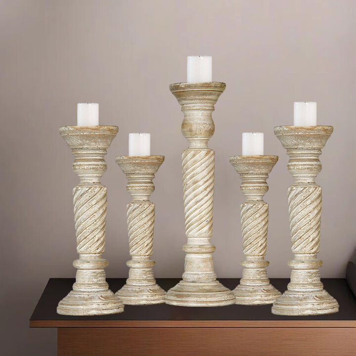 Traditional Antique White Eco-friendly Handmade Mango Wood Set Of Five 9",12",15",12" & 9" Pillar Candle Holder BBH Homes