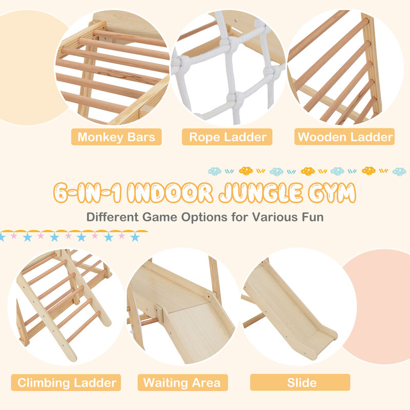6-in-1 Indoor Jungle Gym Kids Wooden Playground with Monkey Bars