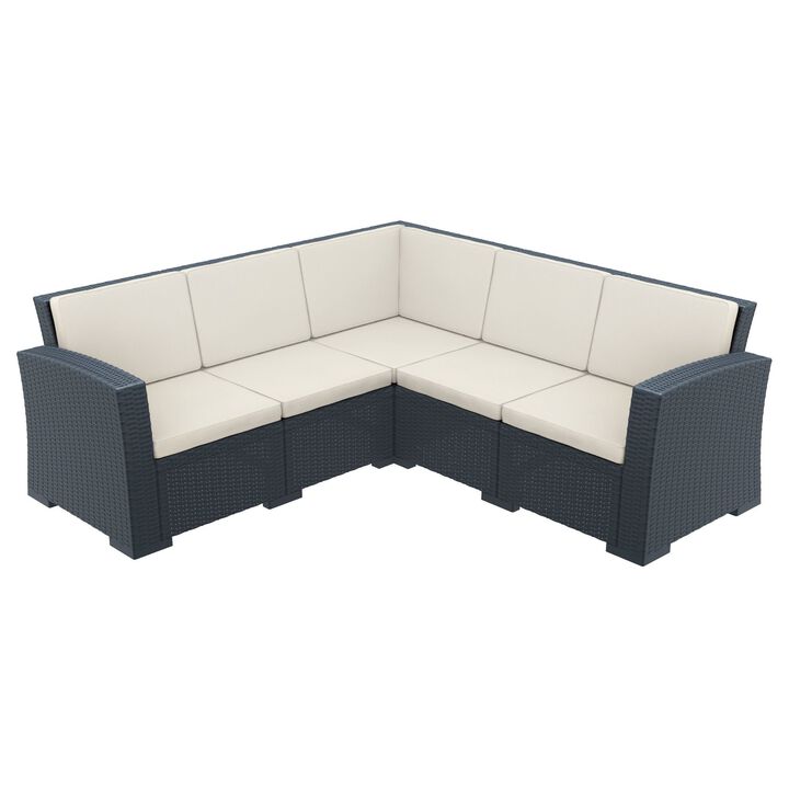 5 Piece Brown Outdoor Patio Sectional with Natural Beige Sunbrella Cushion 81.5"