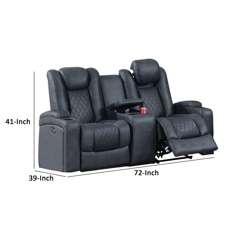 Elva 72 Inch Power Reclining Loveseat, Lift Top Storage Console, Blue-Benzara